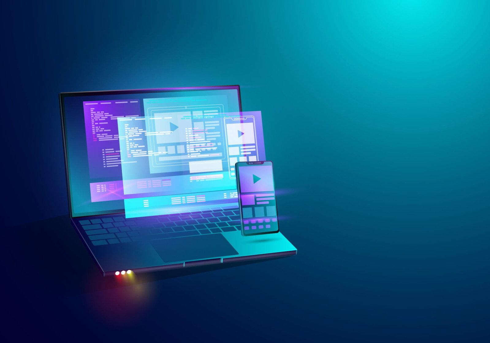 Mobile application development on laptop screen concept background, app coding and web development cross platform devices smartphone, tablet and computer. vector.