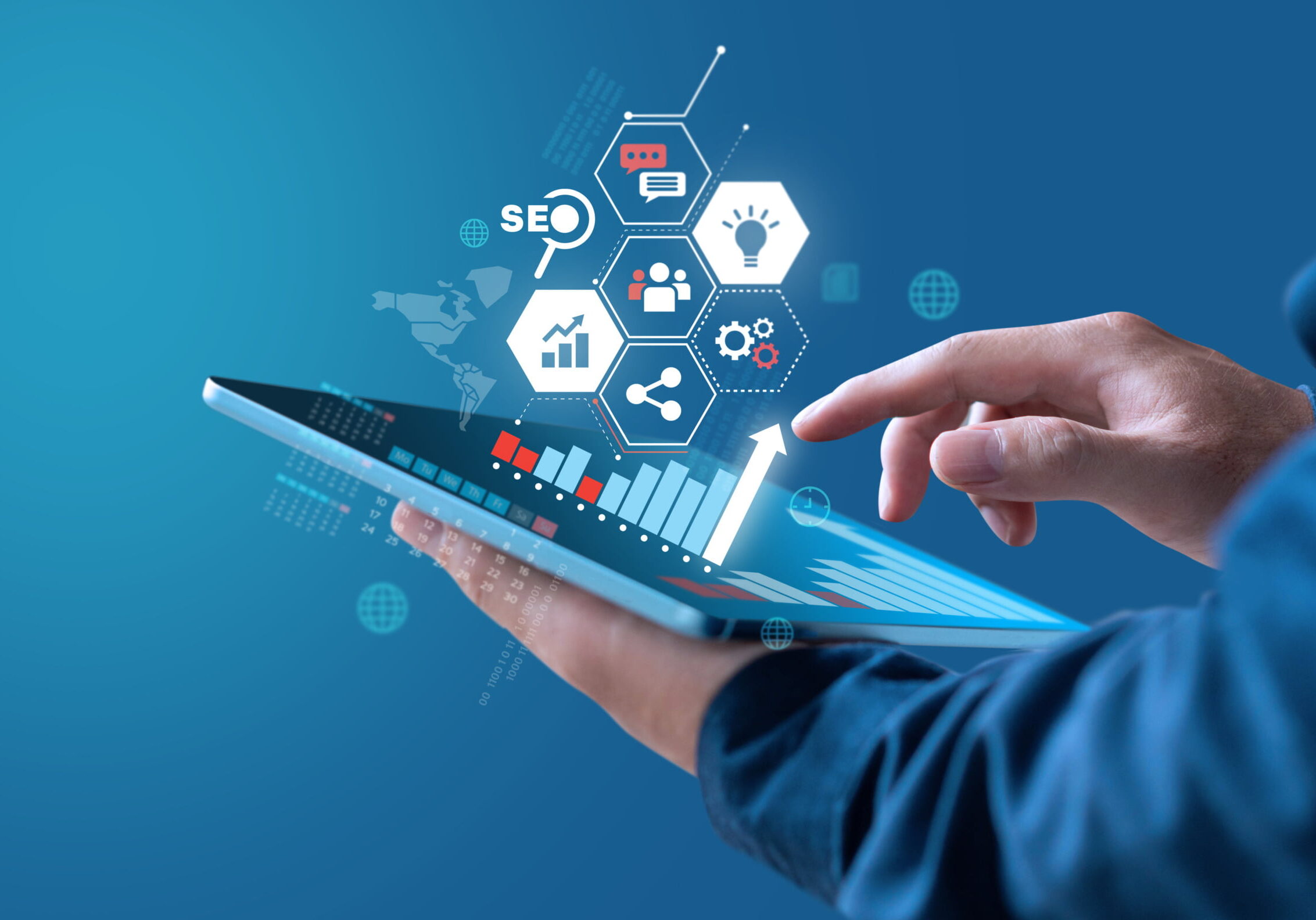 Businessman show growth graph of earning with digital marketing strategy.